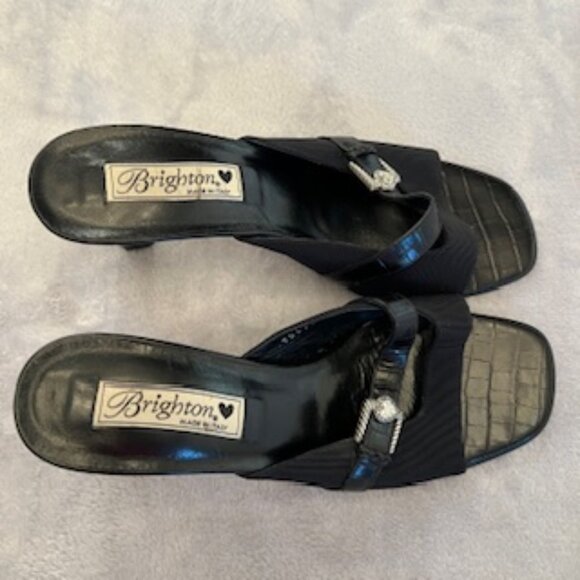Brighton Black Croc Leather Mule Slip On Slide Sandal Mid Heel SquareToe 8 1/2 - Picture 3 of 12